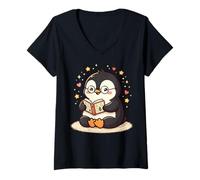 Mujer Cute Penguin Reading Book Lover Art Camiseta Cuello V