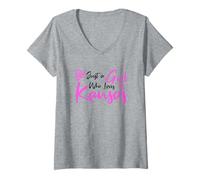 Mujer Cute Pink Just a Girl Who Loves Kansas, Cute Kansas Girl Camiseta Cuello V