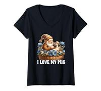 Mujer Cute Pug Dad Gnome In A Floral Flower Basket I Love My Pug Camiseta Cuello V
