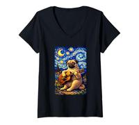 Mujer Cute Pug Dog Playing Guitar Whimsical Art Music Camping Camiseta Cuello V