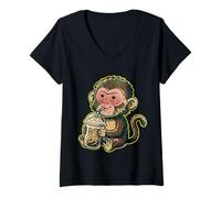 Mujer Cute Punch The Monkey Japón Bebiendo café Helado Camiseta Cuello V