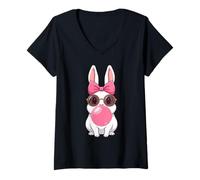 Mujer Cute Rabbit Bubble Gum Hombres Mujeres Camiseta Cuello V