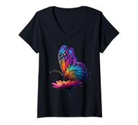 Mujer Cute Rainbow Butterfly Insects Lovers Flores Camiseta Cuello V