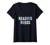 Mujer Cute READING ROCKS Elementary Educational Rockstar Books es Camiseta Cuello V