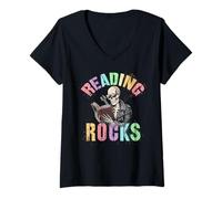 Mujer Cute READING ROCKS Kindergarten Educativo Rockstar USA Camiseta Cuello V