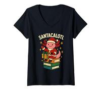 Mujer Cute Santacalotl Santa Claus Axolotl Reading Books Christmas Camiseta Cuello V
