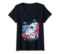 Mujer Cute Santorini Island Greek Village Grecia Viajes Vacaciones Camiseta Cuello V