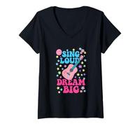 Mujer Cute Sing Loud Dream - Música pastel de guitarra grande y linda para niños Camiseta Cuello V