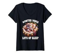Mujer Cute Sleeping Cat For Christmas Lover Cozy Winter Kitten Mom Camiseta Cuello V