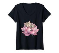 Mujer Cute Sleeping Cat in Lotus Pink Flower Kawaii Kitten Lover Camiseta Cuello V