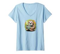 Mujer Cute Sloth Morning Coffee Tree Branch Lazy Relax Camiseta Cuello V