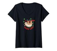 Mujer Cute Sloth Sleeping on a Tree Branch Lazy Relax Camiseta Cuello V