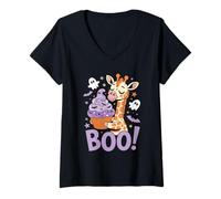 Mujer Cute Spooky Funny Halloween Giraffe Ghost Boo Camiseta Cuello V