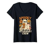 Mujer Cute Spooky Ghost Vet Tech - Equipo Veterinario de Halloween Camiseta Cuello V