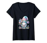 Mujer Cute Spring GNOME For Women with Hello Spring Tulip Flowers Camiseta Cuello V
