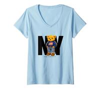 Mujer Cute Teddy Bear USA Flag, New York Style Bear Illustration Camiseta Cuello V