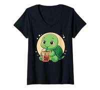 Mujer Cute Turtle Kawaii Anime Beber Bubble Tea Girl Kids Camiseta Cuello V