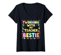 Mujer Cute twinning with My Teacher Bestie Camiseta Cuello V