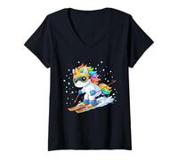 Mujer Cute Unicorn on Ski Funny Ski and Winter Sports Men Women Camiseta Cuello V