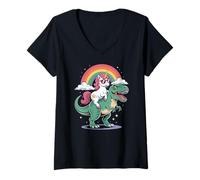 Mujer Cute Unicorn Riding T Rex Dinosaur Rainbow Clouds Camiseta Cuello V