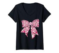 Mujer Cute Valentine's Day Pink Heart's Day Girl Coquette Bow Camiseta Cuello V