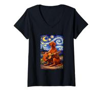 Mujer Cute Vizsla Playing Guitar Whimsical Art Dog Music Camping Camiseta Cuello V