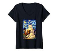 Mujer Cute White Cat Playing Guitar Whimsical Art Music Camping Camiseta Cuello V