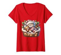 Mujer Cute Winter Cat For Kitten Mom and Dad Red Christmas Vibes Camiseta Cuello V