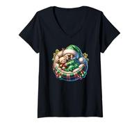 Mujer Cute Xmas Siamese Cat Cuddle with Teddy Bear At Christmas Camiseta Cuello V