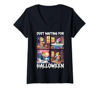 Mujer Cute Zombie Just Waiting For Halloween Spooky Autumn Camiseta Cuello V