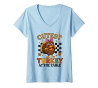 Mujer Cutest Turkey at The Table Leopard Bow Thanksgiving for Kids Camiseta Cuello V
