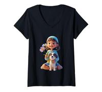 Mujer Cutie Girl with Cute Dog and Flowers - Camiseta Unisex para niños Camiseta Cuello V