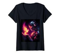 Mujer Cyber Futurista Robot Fénix Espíritu de Fuego Camiseta Cuello V