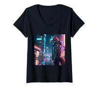 Mujer Cyberpunk Fox Stands Watch en la ciudad de Tokio Camiseta Cuello V