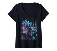 Mujer Cyberpunk Kitsune Torii Japanese Fox Synthwave Vaporwave Camiseta Cuello V