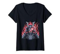 Mujer Cyberpunk Samurai Demonio Fiery Robot Mask Warrior Black Camiseta Cuello V