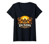 Mujer Da Nang Vietnam Puesta de Sol Templo Viaje Diseño Camiseta Cuello V