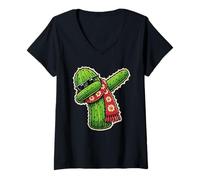 Mujer Dabbing Cozy Cactus Usando Bufanda Hilo Amante Fibra Artista Camiseta Cuello V