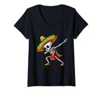 Mujer Dabbing Mexican skeleton Poncho Cinco de Mayo Let's Fiesta Camiseta Cuello V