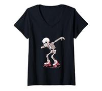 Mujer Dabbing Skeleton On Roller Skate Zapatos Divertidos Patinaje Sobre Ruedas Camiseta Cuello V