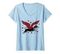 Mujer Dachshund alas de ángel Volando Lindo Perro Salchicha Camiseta Cuello V