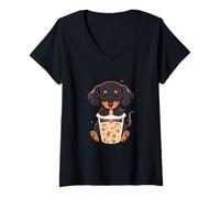 Mujer Dachshund Boba Tea Bubble Tea Anime Kawaii Dog Camiseta Cuello V