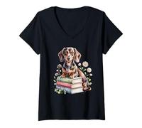 Mujer Dachshund Dachshunds Doxie Bookworm Flowers Book Reading Camiseta Cuello V