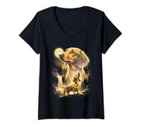 Mujer Dachshund Howling Moon Forest Dog Amante Weiner Art Camiseta Cuello V
