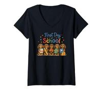 Mujer Dachshund Wiener Dog Primer día de Escuela Cachorros Camiseta Cuello V