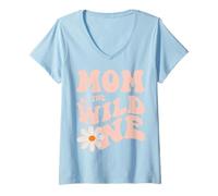 Mujer Daisy Birthday Mom Wild One Boho Daisy 1er cumpleaños a juego Camiseta Cuello V
