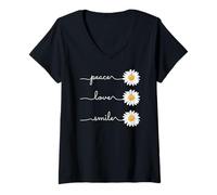 Mujer Daisy Plant Peace Love Smile Common Daisy Flower Camiseta Cuello V