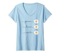 Mujer Daisy Plant Peace Love Smile Common Daisy Flower Camiseta Cuello V