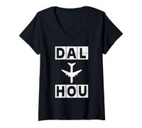 Mujer DAL a HOU Código de Aeropuerto de Ruta de avión Dallas Houston Camiseta Cuello V