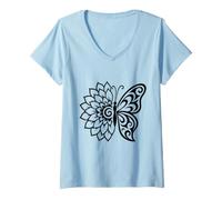 Mujer Dalia Media Mariposa Tribal Floral Ornamental Boho Line Art Camiseta Cuello V